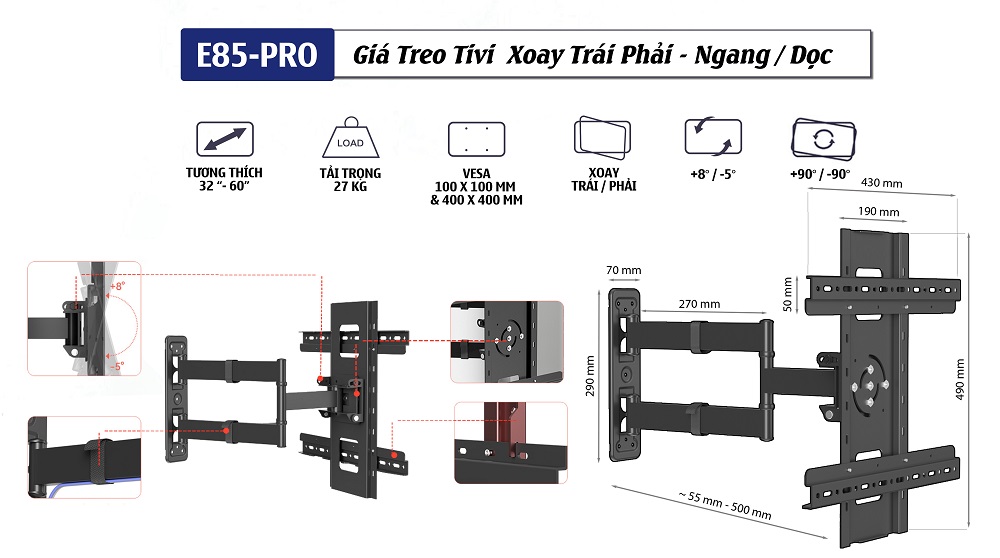 Thông số chi tiết của khung treo tivi đa năng E85-Pro