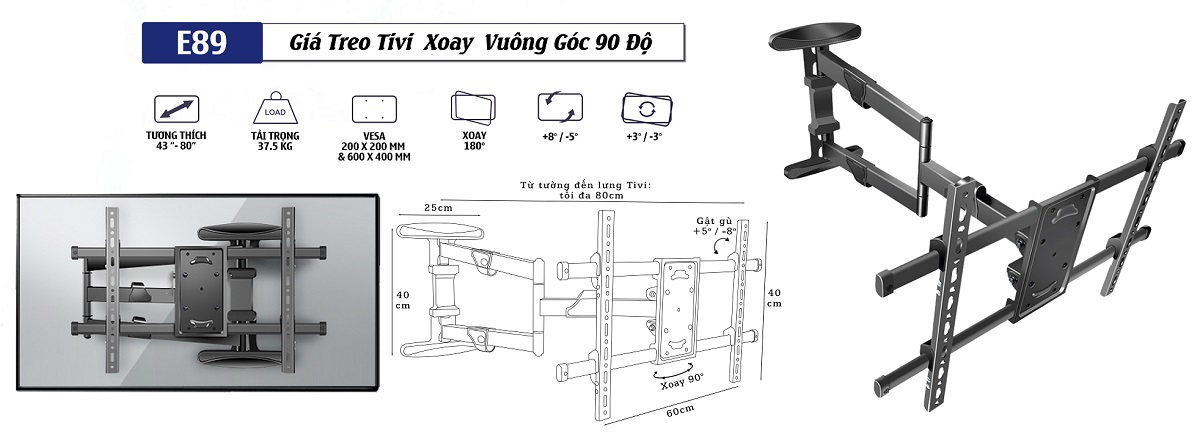 thông số kỹ thuật chi tiết của giá đỡ tivi xoay vuông góc Ergotek DY658S (E89)