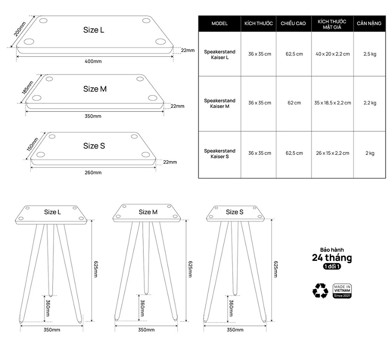 Thông số kỹ thuật chi tiết các Size của Chân Loa Marshall - Hyperwork Kaiser: