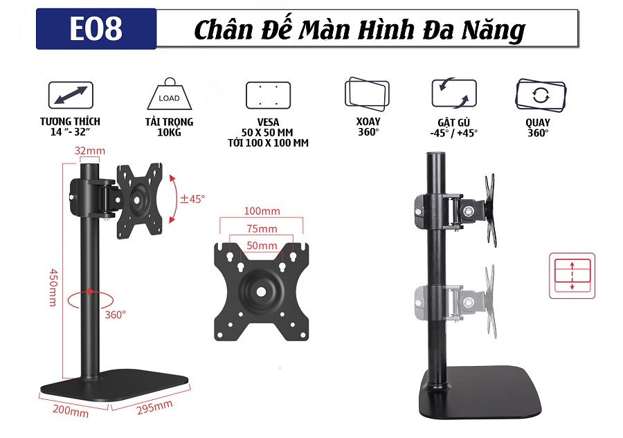 Thông số chi tiết của sản phẩm chân đế màn hình máy tính E08 14-32 inch