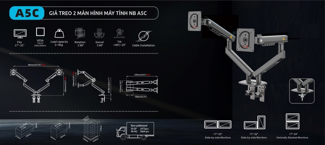 Thông số kỹ thuật chi tiết của tay nâng 2 màn hình máy tính NB A5C 17-32 inch