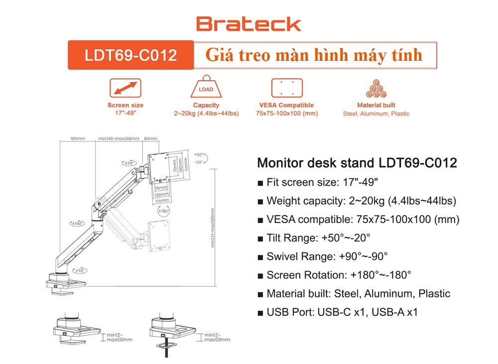 Thông số kỹ thuật chi tiết của giá treo màn hình máy tính Brateck LDT69-C012 17 -49 inch