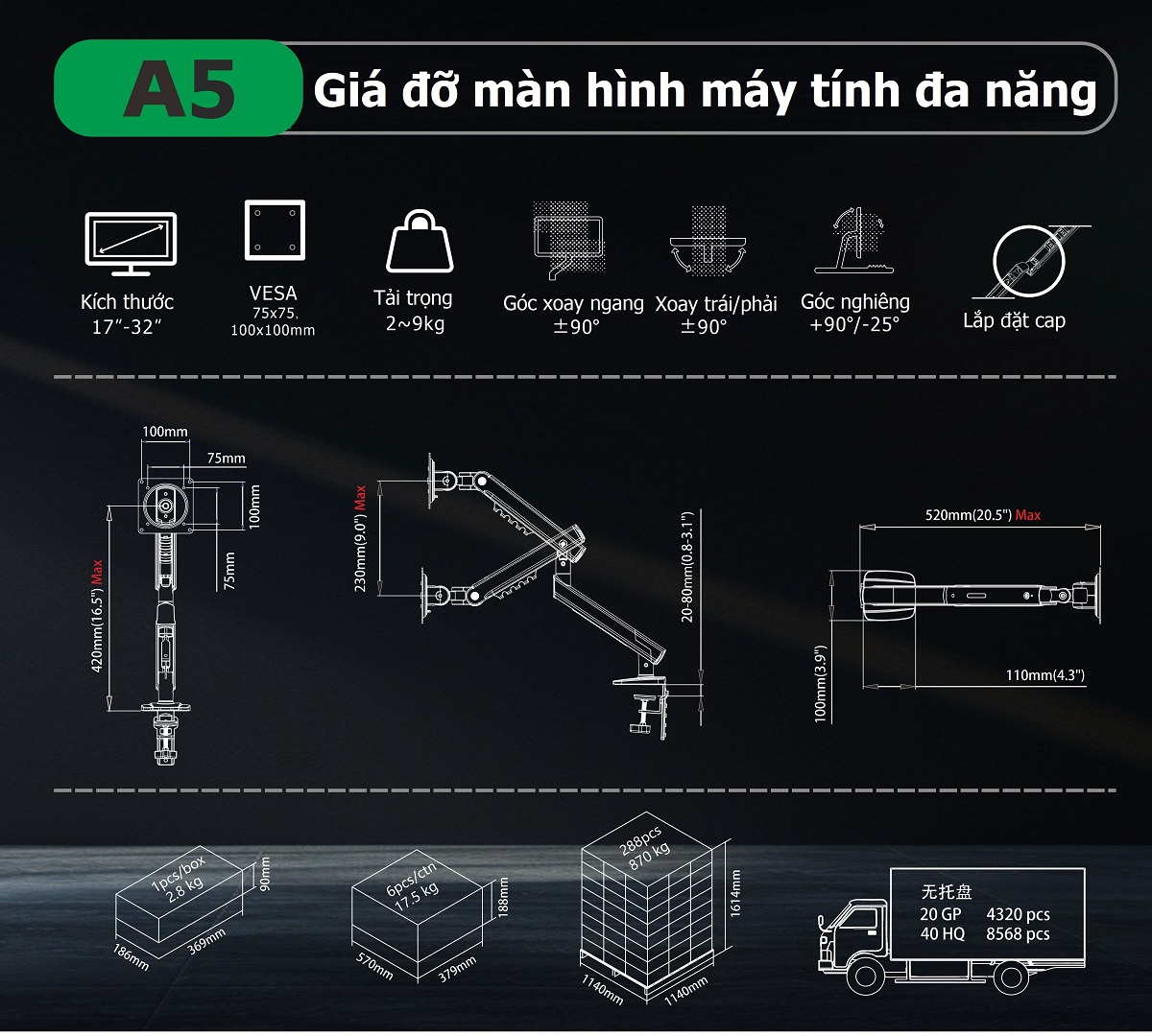 Thông số kỹ thuật giá treo màn hình máy tính north bayou A5 17-32 inch