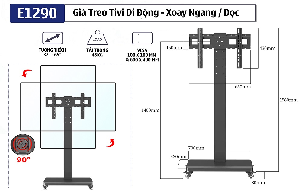 thông số kỹ thuật chi tiết của giá treo tivi xoay ngang/dọc E1290