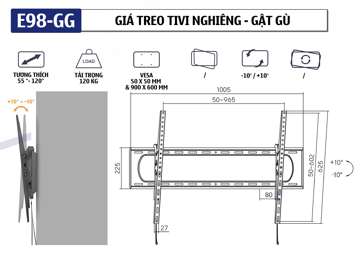 Bảng thông số kỹ thuật chi tiết của giá treo tivi gật gù E98 GG