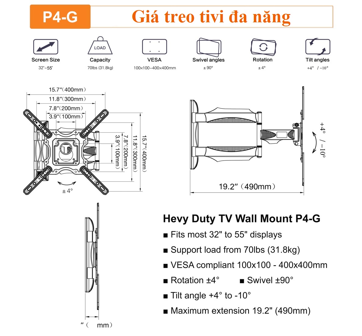 Thông số kỹ thuật chi tiết của khung treo tivi P4-G 32-55 inch