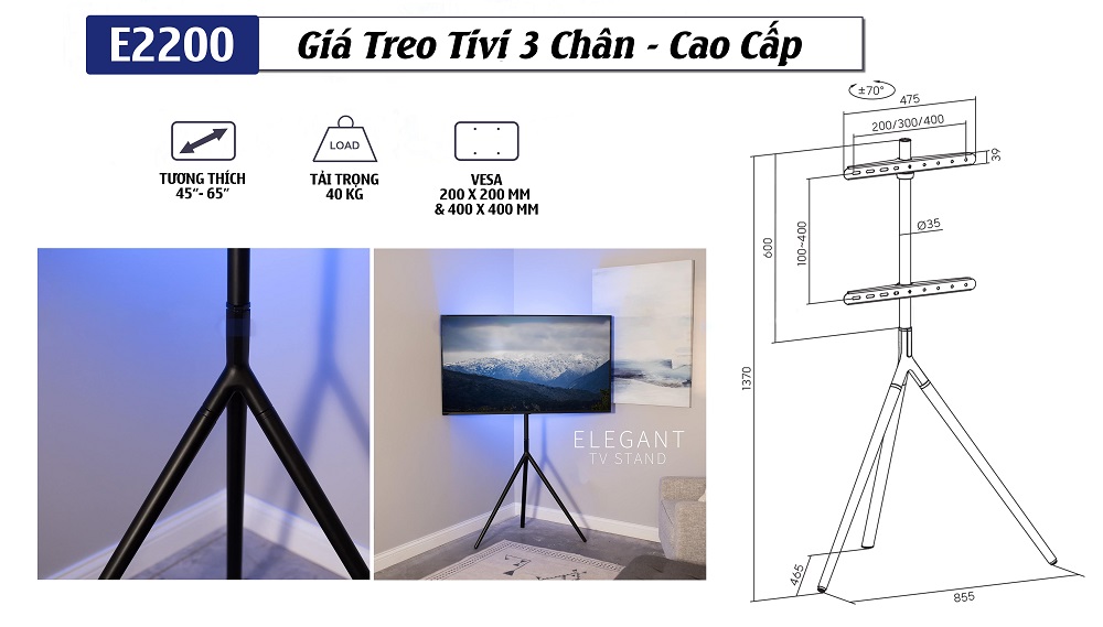 Thông số kỹ thuật chi tiết của giá treo tivi di động E2200