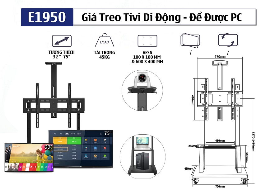 thông số kỹ thuật chi tiết của khung treo tivi di động E1950 32 - 75 inch