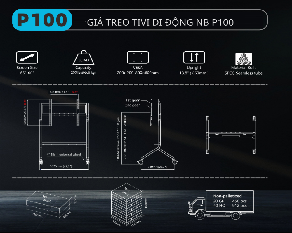thông số kỹ thuật chi tiết của khung treo tivi di động NB P100