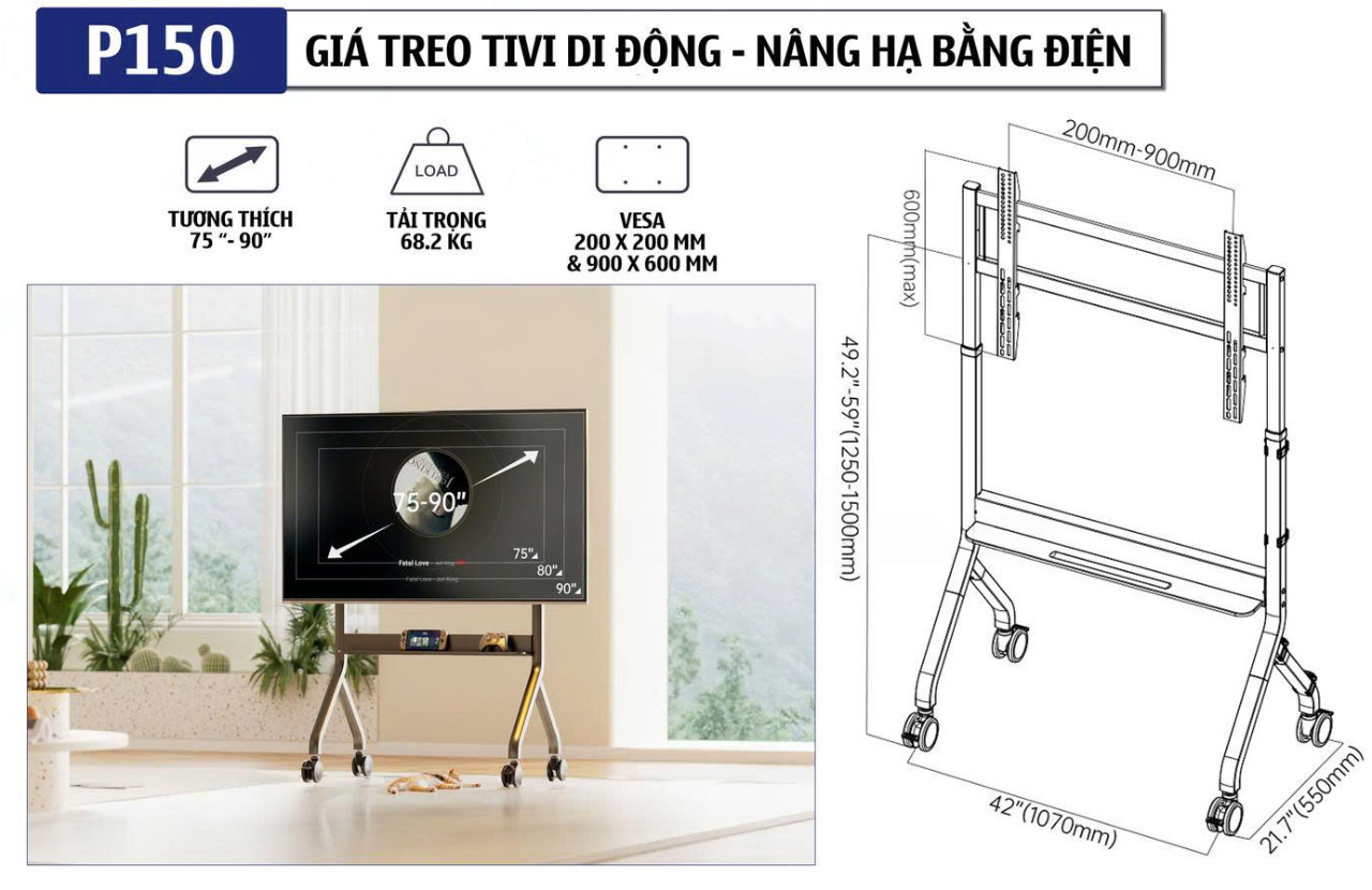 thông số kỹ thuật chi tiết của khung treo di động NB P150 75 - 90 inch