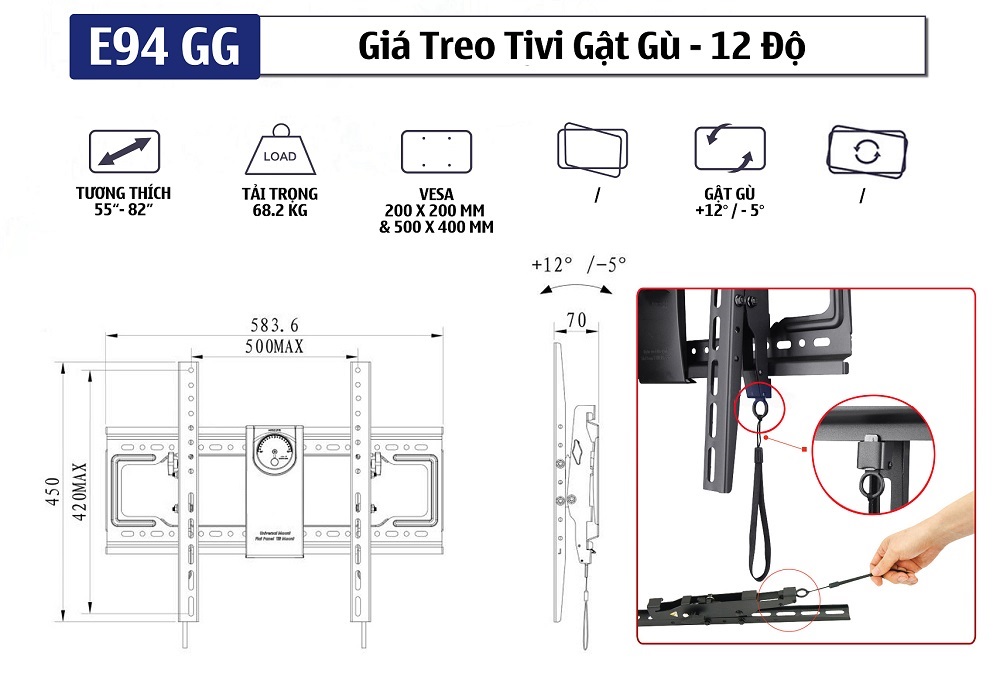 thông số kỹ thuật chi tiết của Giá Treo Tivi Gật Gù ErgoTek E94 GG