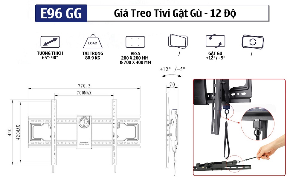 Thông số kỹ thuật chi tiết của khung treo TiVi nghiêng gật gù ErgoTek E96 GG 65 - 90 inch