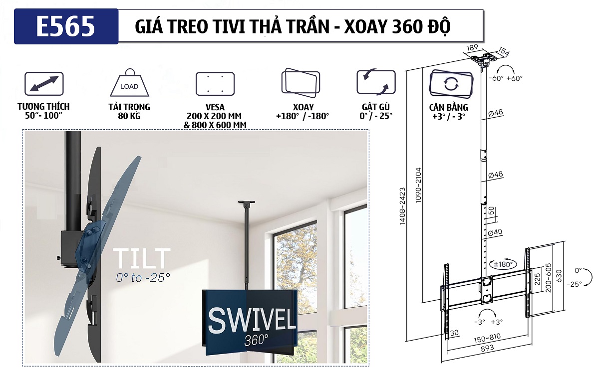 Thông số kỹ thuật chi tiết của khung treo tivi thả trần E565 55 - 100 inch