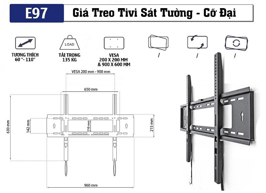 Thông số kỹ thuật chi tiết của khung tivi sát tường cỡ đại Ergotek E97 60 - 110 inch