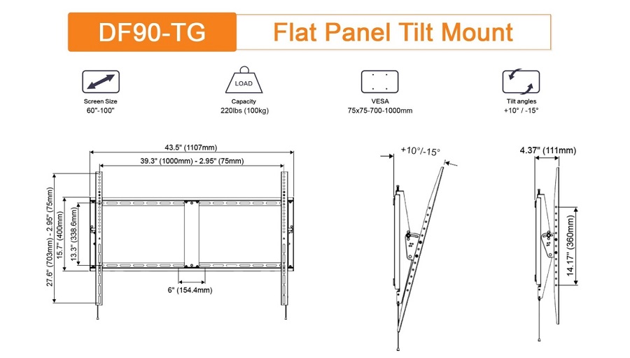 Thông số kỹ thuật chi tiết của khung treo tivi sát tường DF90-TG