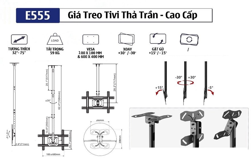 Thông số kỹ thuật của Giá treo tivi thả trần ErgoTek E555 32 - 75 inch cao cấp