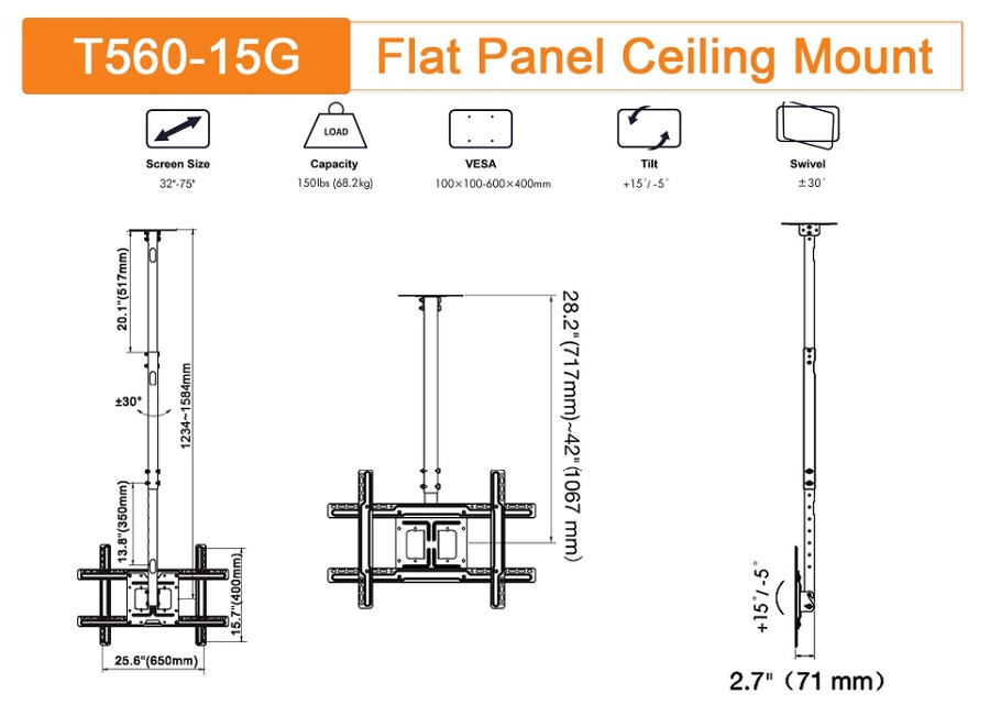 thông số kỹ thuật chi tiết của khung treo tivi ngược trần T560-15G