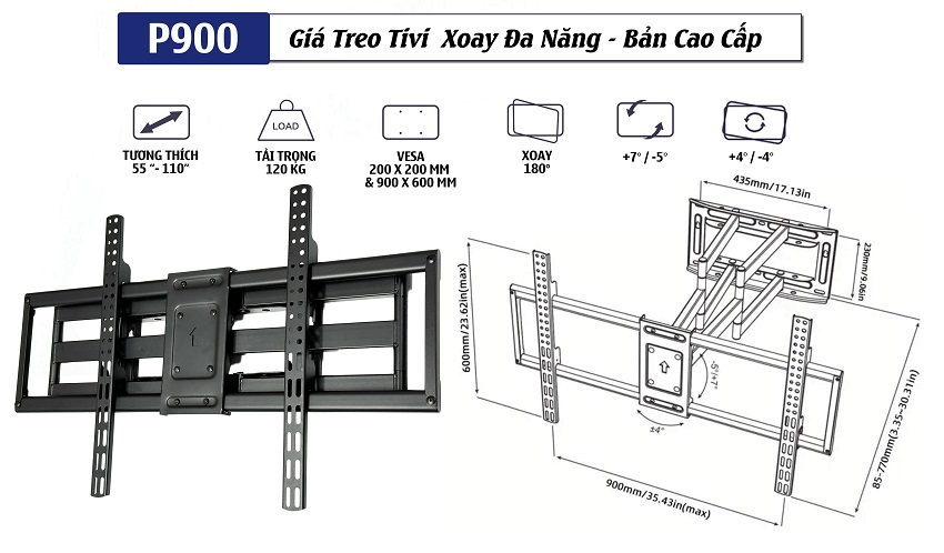 Thông số kỹ thuật chi tiết của khung treo tivi đa năng P900 55 - 110 inch