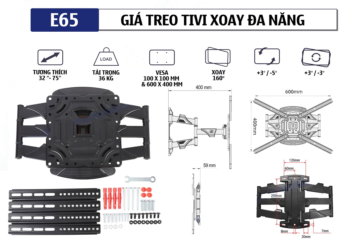 Bảng thông số kỹ thuật chi tiết khung treo tivi đa năng E65 32 - 75 inch
