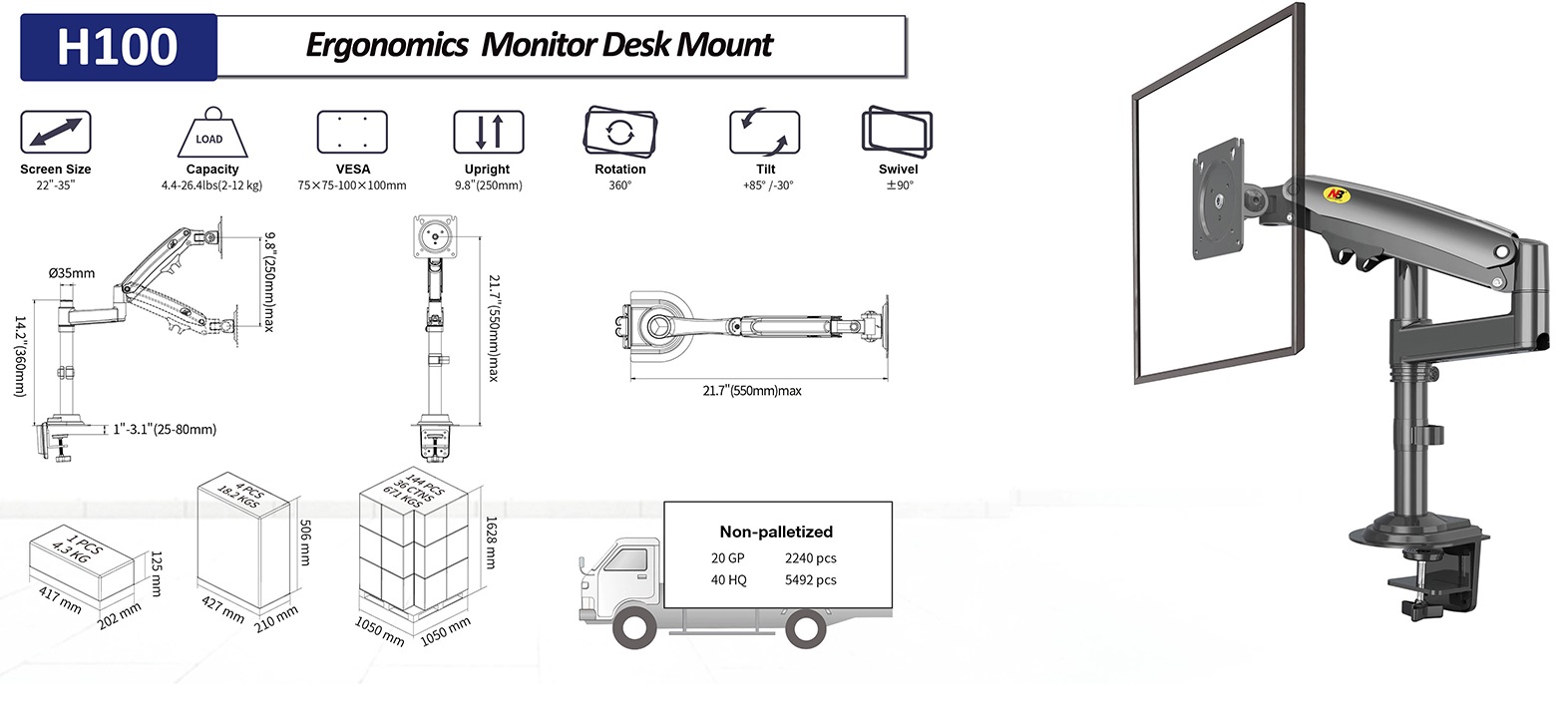 Thông số kỹ thuật chi tiết của Giá Treo Màn Hình NB-H100 