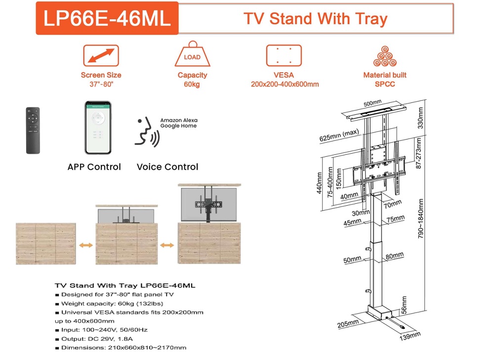 Khung treo tivi nâng hạ bằng động cơ Brateck LP66E-46ML 37 - 80 inch