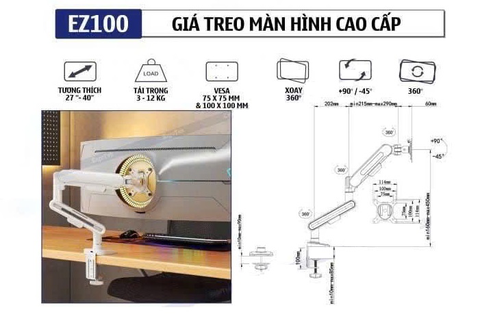 Thông số kỹ thuật giá treo màn hình máy tính EZ100